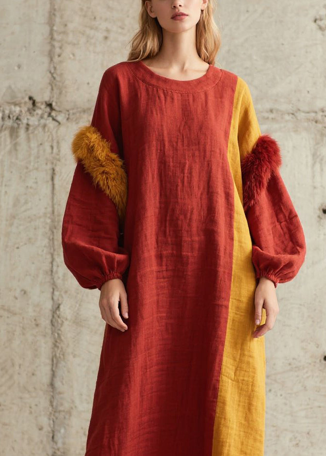 Colorblock O Neck Fuzzy Fur Patchwork Cotton Dress Fall