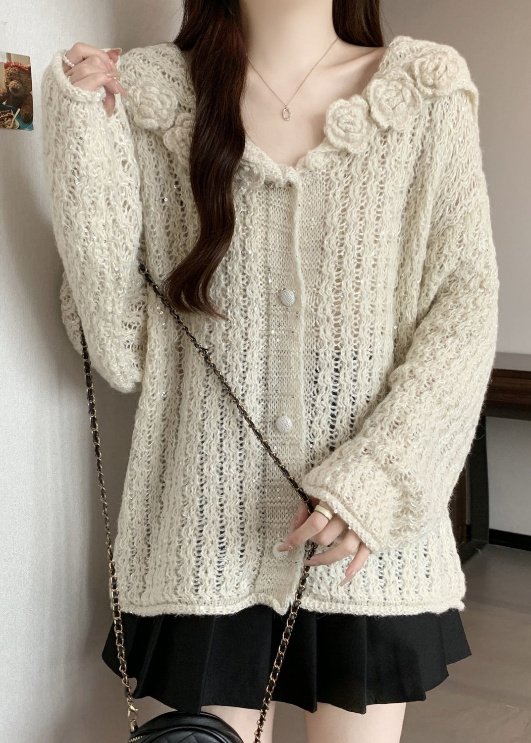 White Three-dimensional Knit Cardigan Oversized Fall