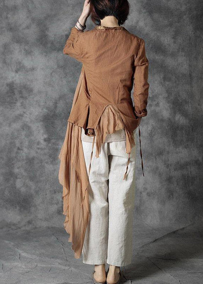 Khaki Tie Waist Patchwork Asymmetrical Design Fall Jackets Long Sleeve
