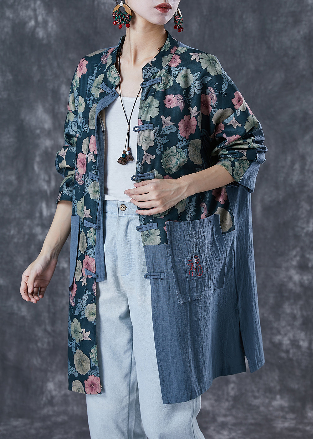 Embroideried Patchwork Print Linen Coat Outwear Fall