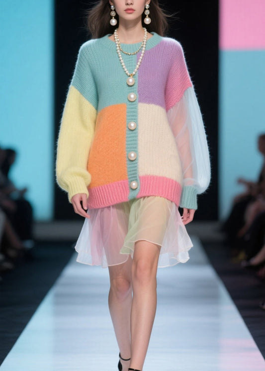 Colorblock O Neck Tulle Patchwork Knit Dress Fall