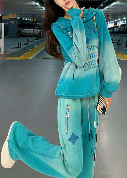 Diy Blue Hooded Tie Dye Cotton Two Piece Set Clothing Spring