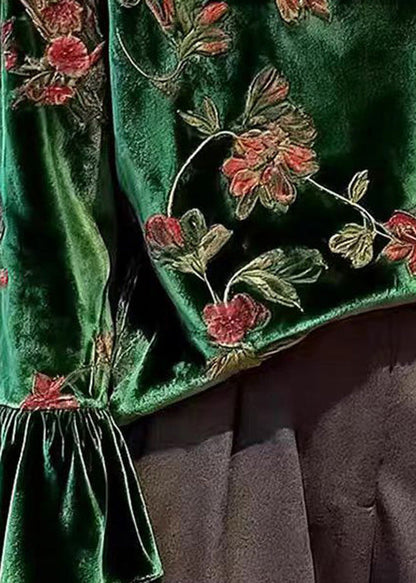 Green O Neck Print Patchwork Velour Blouses Spring