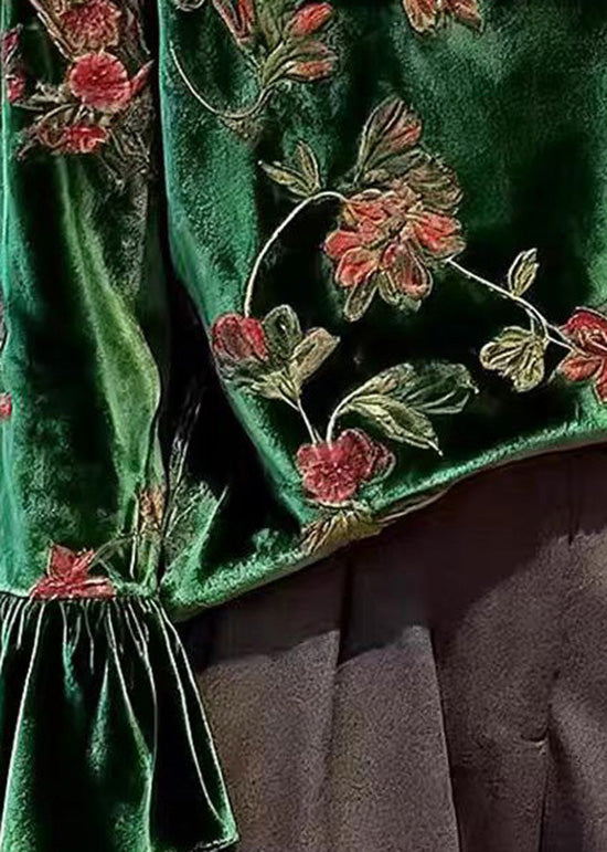 Green O Neck Print Patchwork Velour Blouses Spring