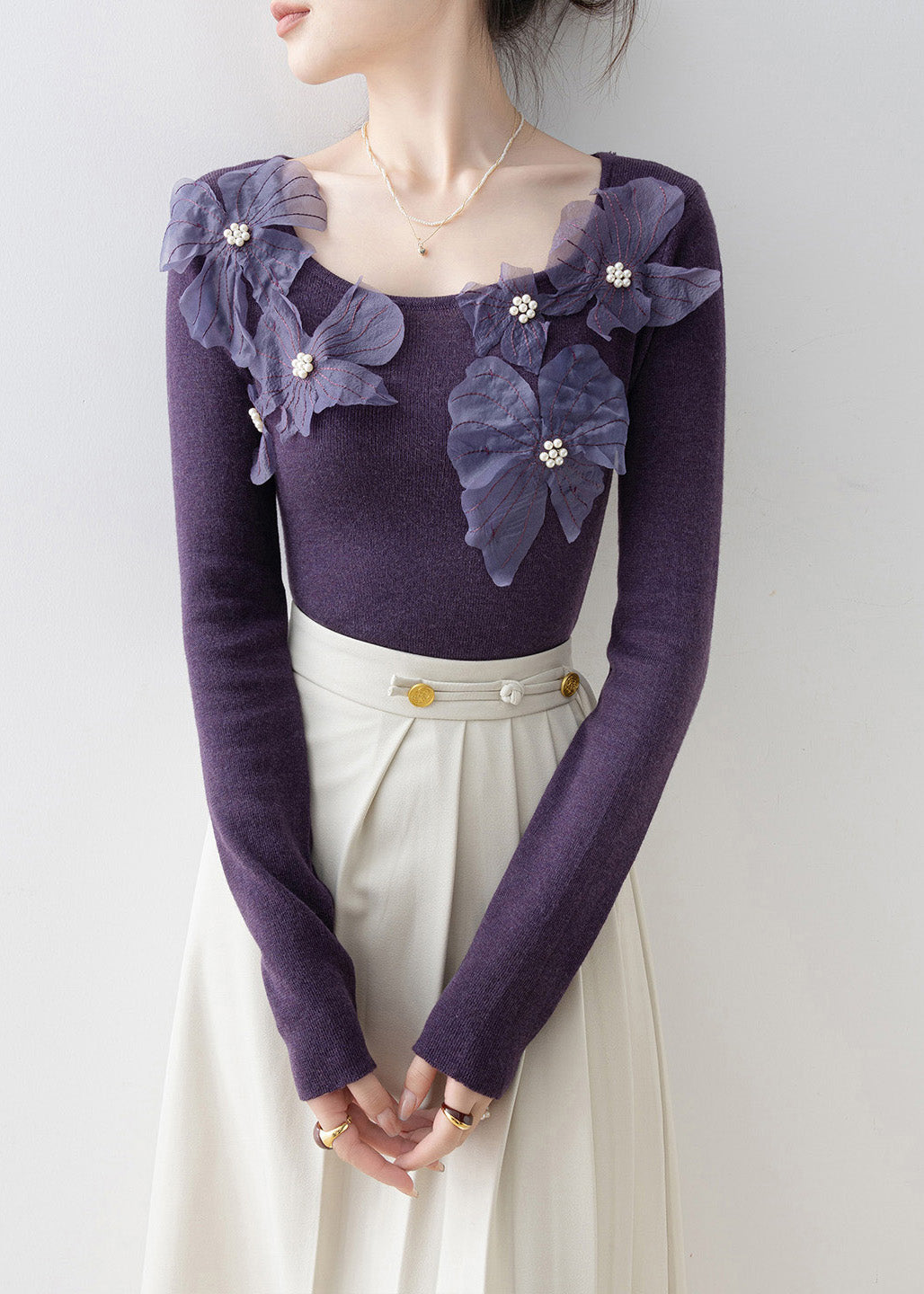 Slim Fit Purple O Neck Nail Bead Knit Top Spring