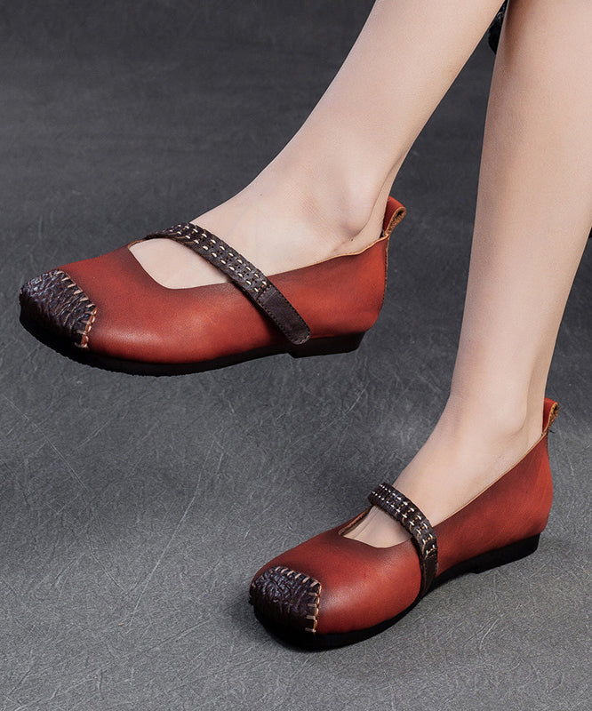 Red Cowhide Leather Splicing Flat Shoes