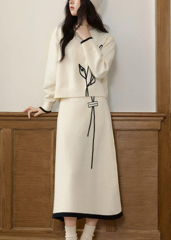Stylish Beige O Neck Sweaters and Skirts Knit Two Pieces Set Winter
