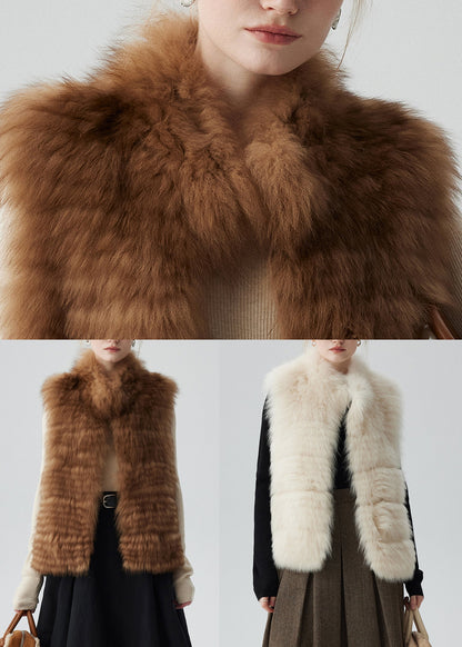 Beige Pockets Leather and Fur Waistcoat Winter