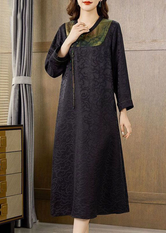 Black Patchwork Jacquard Silk Long Dress Fall