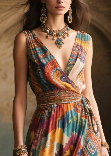 Brown Print Side Open Chiffon Cami Dresses Summer