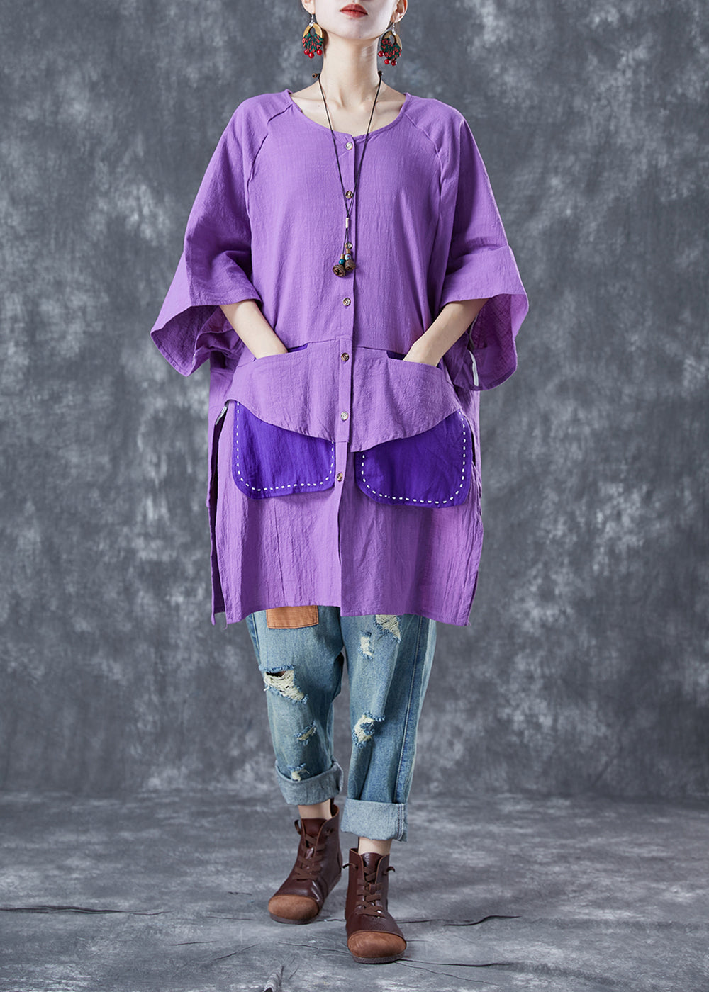Purple Oversized Patchwork Cotton Shirt Summer