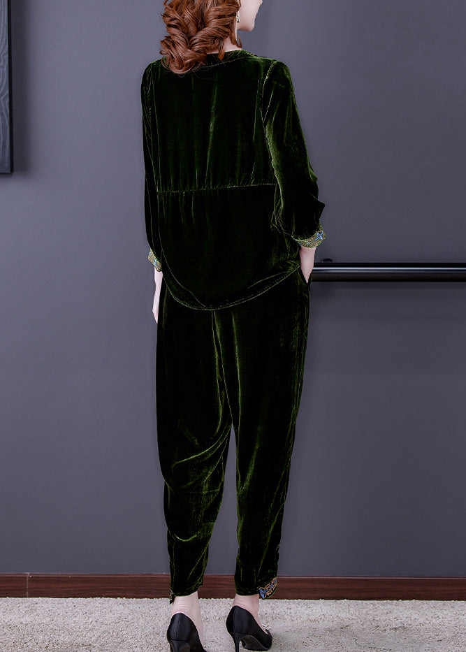 Simple Green Patchwork Silk Velour Pullover and Harem Pants Two Piece Set Fall