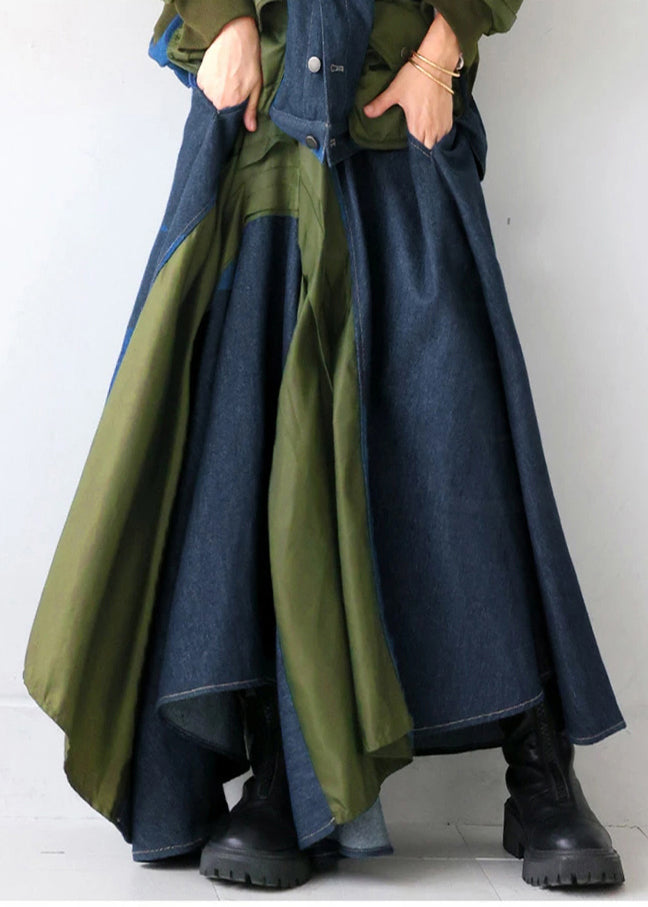 Mixed Color Asymmetrical Patchwork Denim Skirt Summer