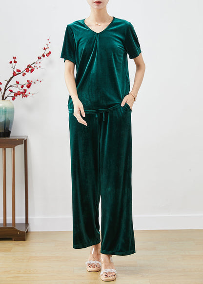 Blackish Green Slim Fit Silk Velour Two Pieces Set Fall
