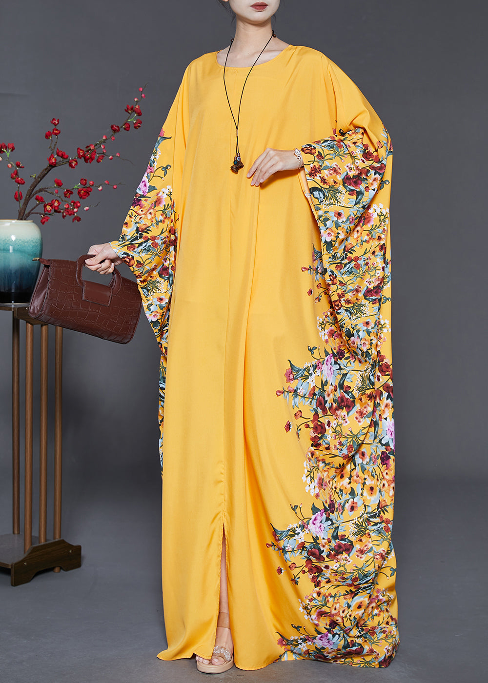 Yellow Oversized Print Chiffon Maxi Dress Summer