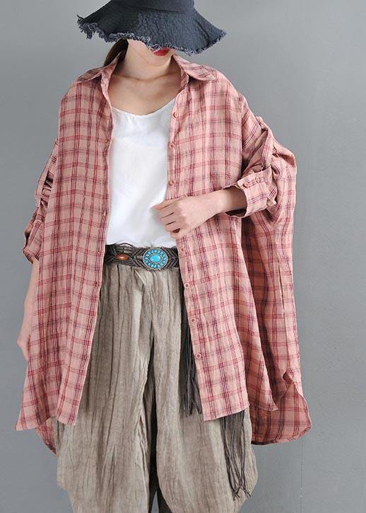 Handmade Pink Plaid Peter Pan Collar Cotton Shirts Summer