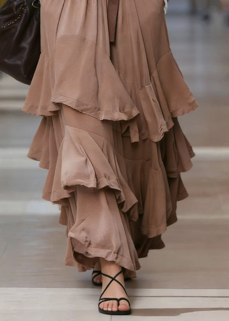 Natural Coffee Pockets Patchwork Ruffled Maxi Skirts Spring