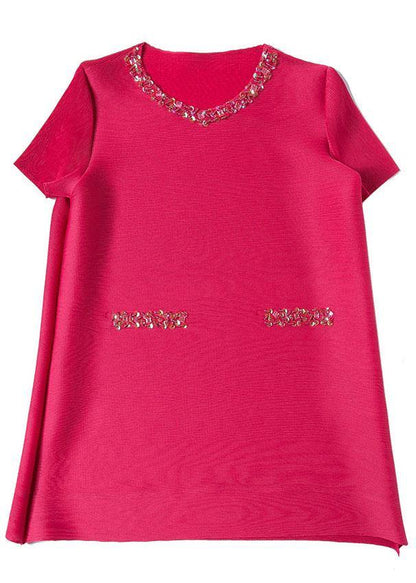 Fine Rose O-neck Nail Bead Summer Mid Dress