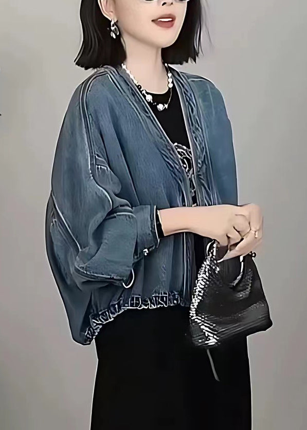 Style Blue Oversized Denim Cardigan Batwing Sleeve Fall