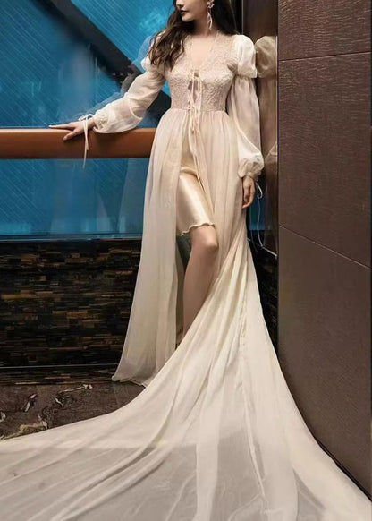 Beige Lace Lace Up Tulle Pajamas Two Pieces Set Fall