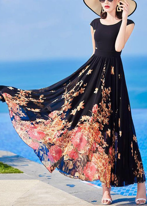 Slim Fit Black O-neck Print Chiffon Long Dresses Summer
