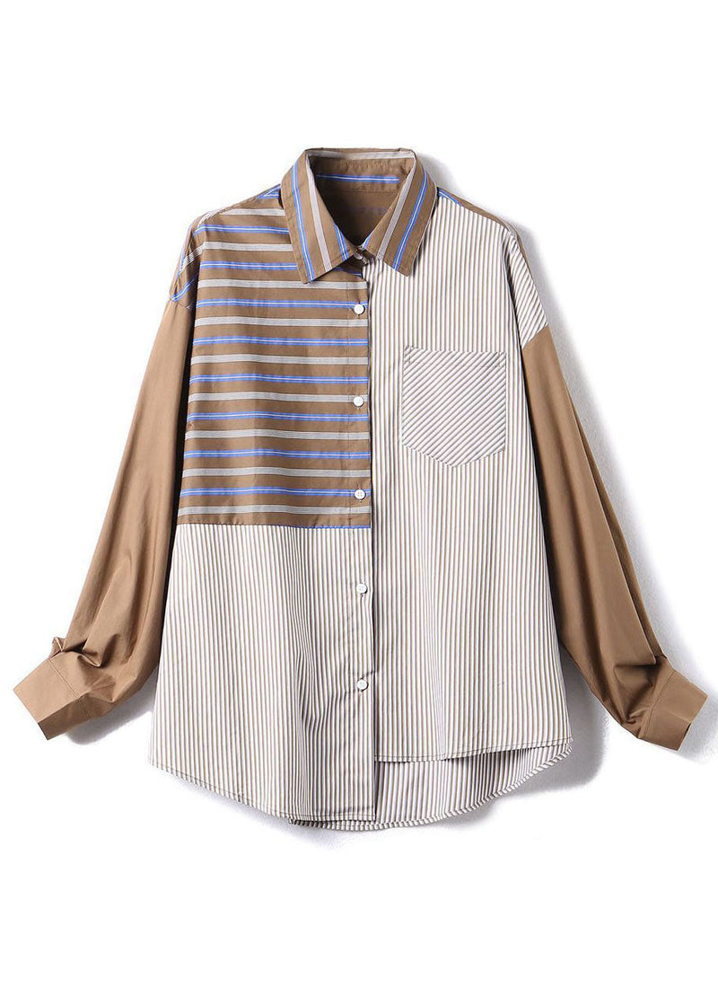 Coffee Peter Pan Collar Patchwork Striped Cotton Shirts Spring