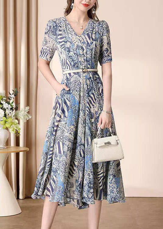 V Neck Print Wrinkled Chiffon Dress Summer