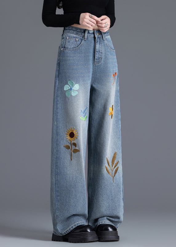 Boutique Blue Embroidered Denim Straight Pants Spring
