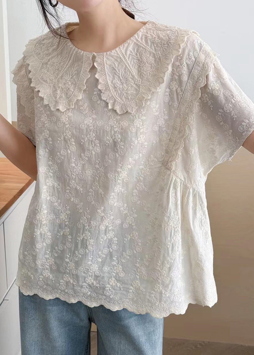 Fine Beige Peter Pan Collar Embroidered Cotton Top Summer