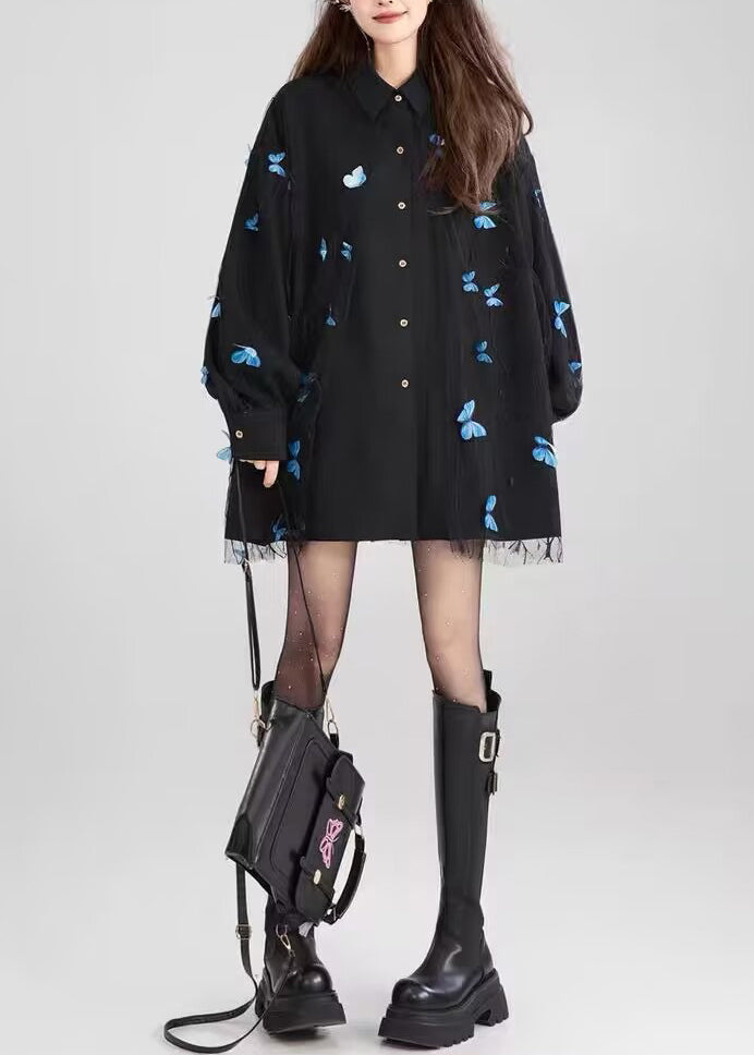 Black Peter Pan Collar Butterfly Lace Patchwork Cotton Shirt Fall