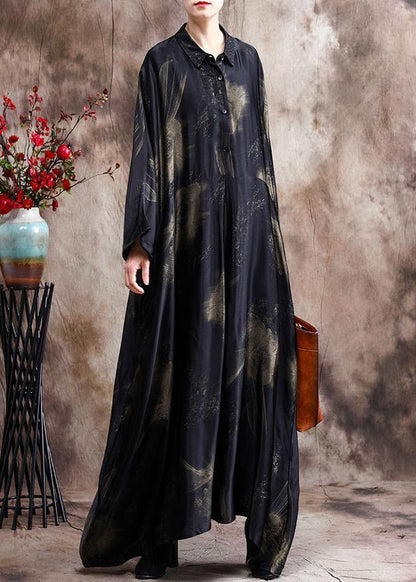 French Green Print Chiffon Dress Long Asymmetric Art Dress