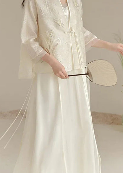 Chinese Style White V Neck Embroideried Tasseled Silk Two Piece Set Outfits Fall
