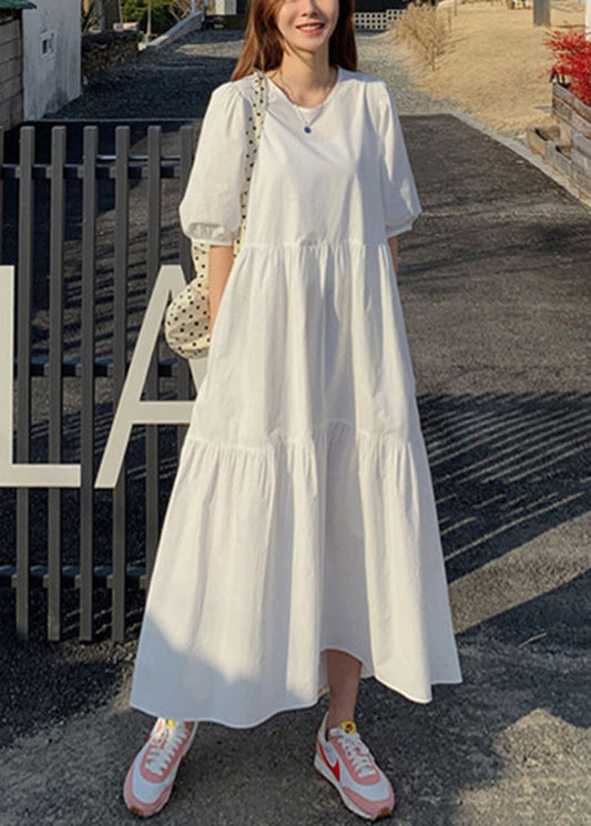 Cotton Color Puff Sleeve Pleated Simple Maxi Dresses With Pocket