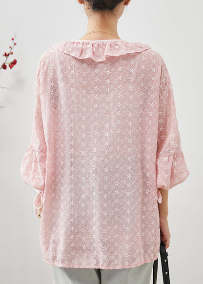 Pink Embroidered Ruffles Lace Shirt Spring