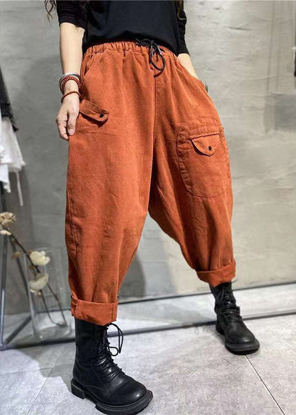 Yellow Elastic Waist Pockets Tie Waist Fall Pants