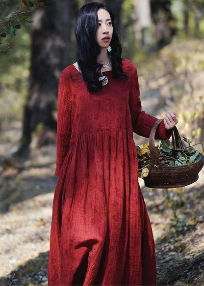 New Wine Red Wrinkled Wear on Both Sides Cotton Dresses Long Sleeve