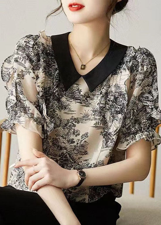 Black Peter Pan Collar Print Patchwork Chiffon Shirt Summer