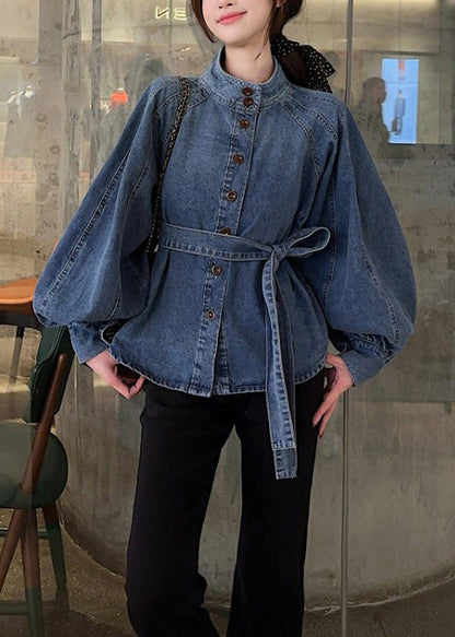 Blue Button Tie Waist Denim Shirt Lantern Sleeve