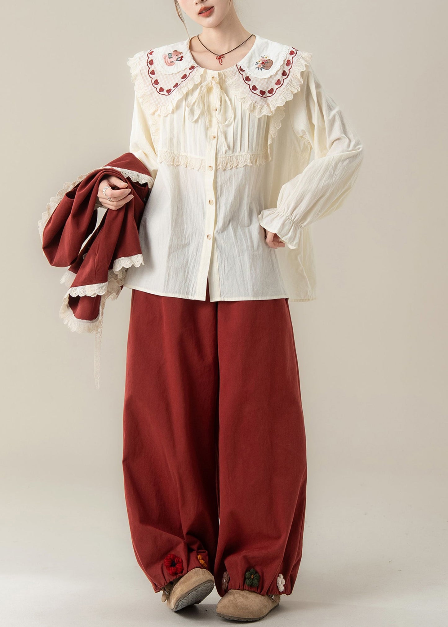 Red Peter Pan Collar Lace Patchwork Cotton Three Piece Set Fall