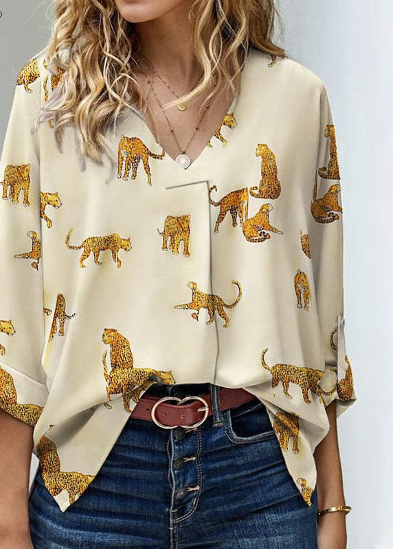 Italian Light Yellow V Neck Animal Print Chiffon Shirt Long Sleeve