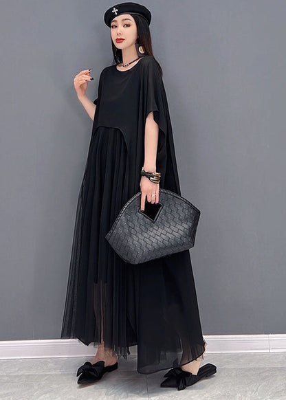Black Patchwork Tulle Chiffon Two-piece Set Asymmetrical Summer
