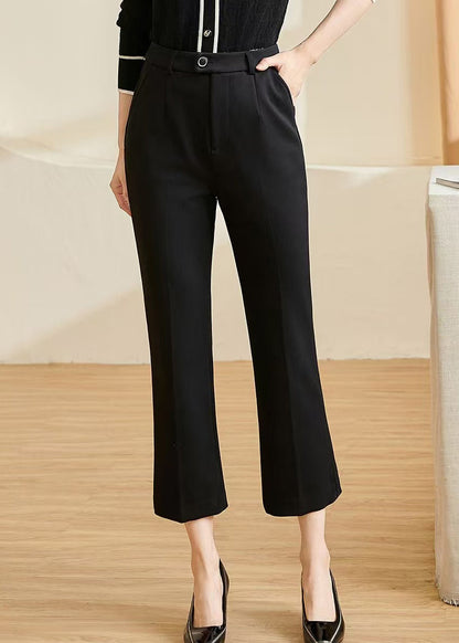 Black High Waist Pockets Ice Silk Crop Flared Trousers