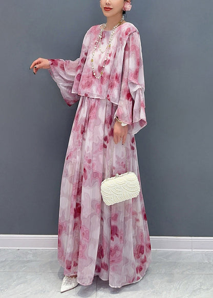 Red O-neck Chiffon Shirts and Maxi Skirts Two Pieces Set Fall