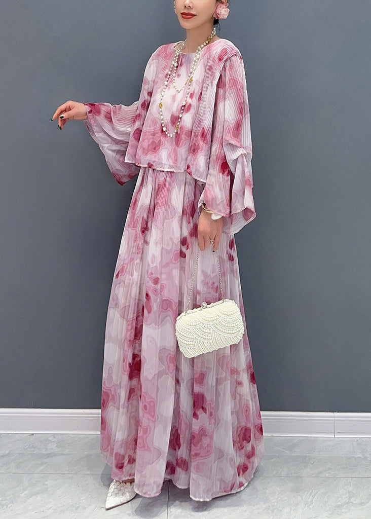 Red O-neck Chiffon Shirts and Maxi Skirts Two Pieces Set Fall