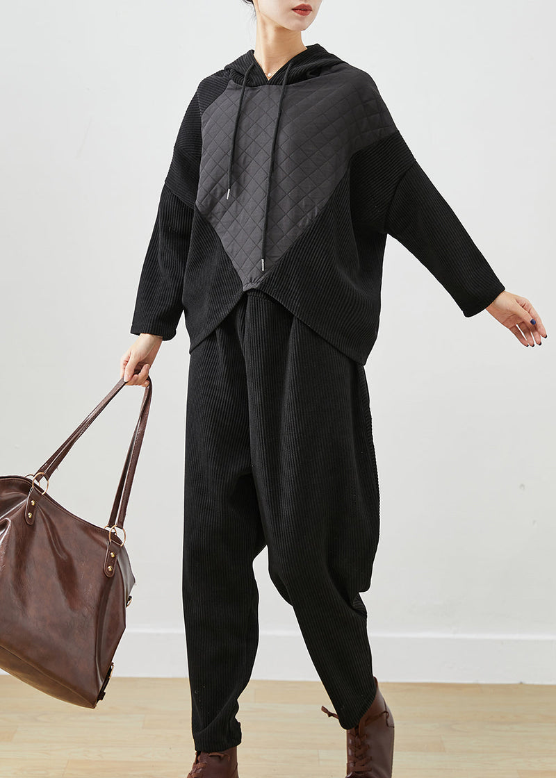 Black Hooded Patchwork Corduroy Two Pieces Set Fall