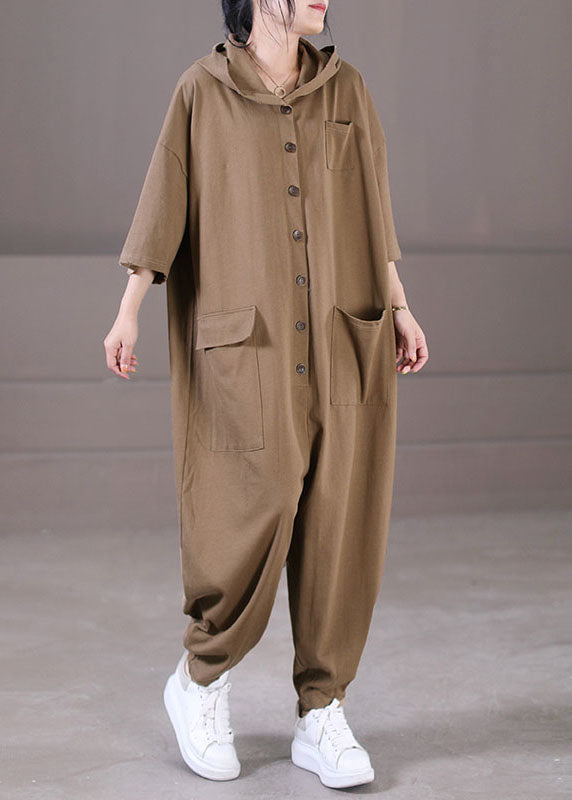 Loose Grey Hooded Pockets Color Button Cotton Jumpsuit Short Sleeve
