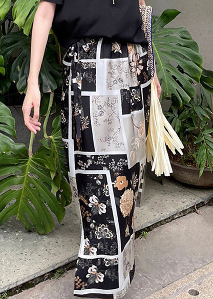Black Print Side Open High Waist Skirt Summer