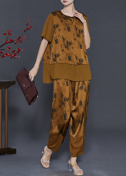 Yellow Print Patchwork Silk Two Pieces Set Summer