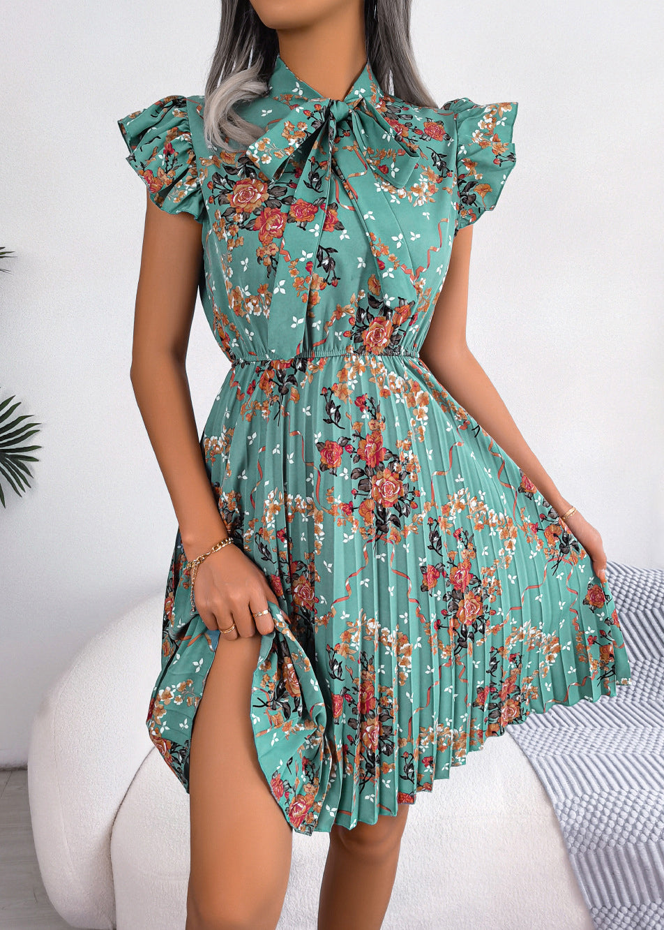 Green Print Lace Up Cotton Mid Dress Summer