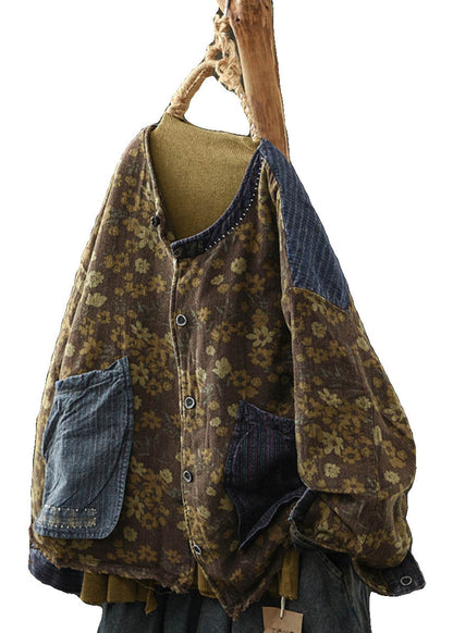 Coffee Print Pockets Denim Patchwork Fine Cotton Filled Jacket Winter